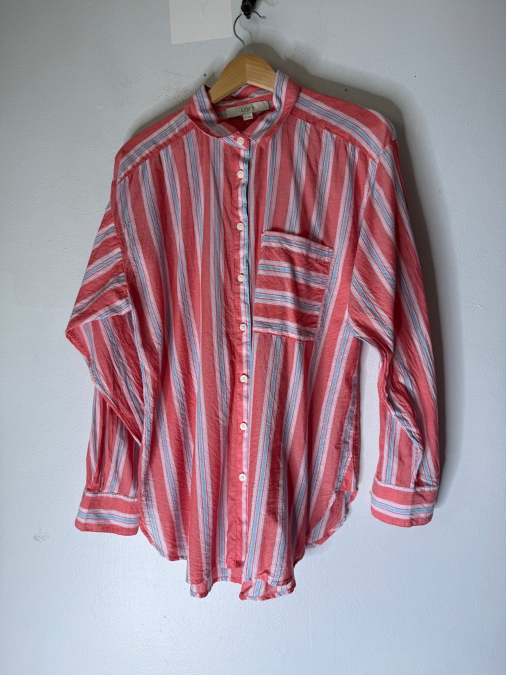 Loft Light Weight Cotton Collar Button Down Oversized Red Blue‎ White Stripe s